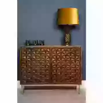 Lattice Design Dark Mango Wood 2 Door Sideboard with Gold Framing/Handles